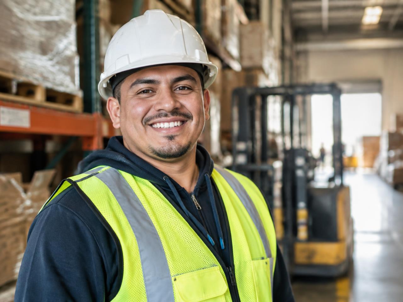 Trabajador sonriente con casco y chaleco